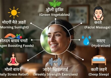 Infographic of woman with 8 anti-aging habits: morning sunlight, collagen foods, stress relief, strength exercises, green vegetables, facial massage, hydration, deep sleep – slow aging naturally 2026.