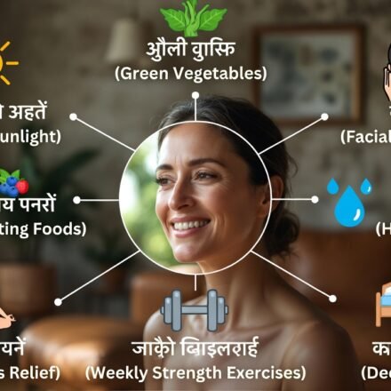 Infographic of woman with 8 anti-aging habits: morning sunlight, collagen foods, stress relief, strength exercises, green vegetables, facial massage, hydration, deep sleep – slow aging naturally 2026.