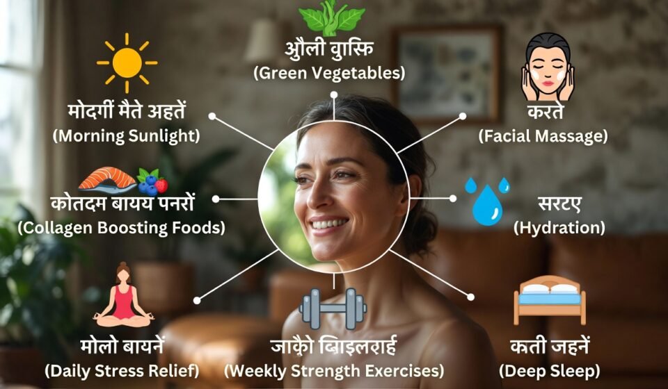 Infographic of woman with 8 anti-aging habits: morning sunlight, collagen foods, stress relief, strength exercises, green vegetables, facial massage, hydration, deep sleep – slow aging naturally 2026.