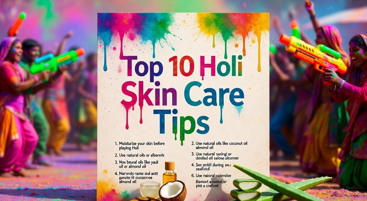 Top 10 Holi Skin Care Tips 2026 - Vibrant festival scene with natural oils, aloe vera, and colorful gulal for safe Holi celebration and glowing skin