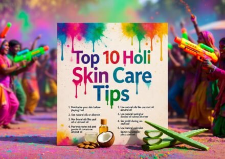 Top 10 Holi Skin Care Tips 2026 - Vibrant festival scene with natural oils, aloe vera, and colorful gulal for safe Holi celebration and glowing skin