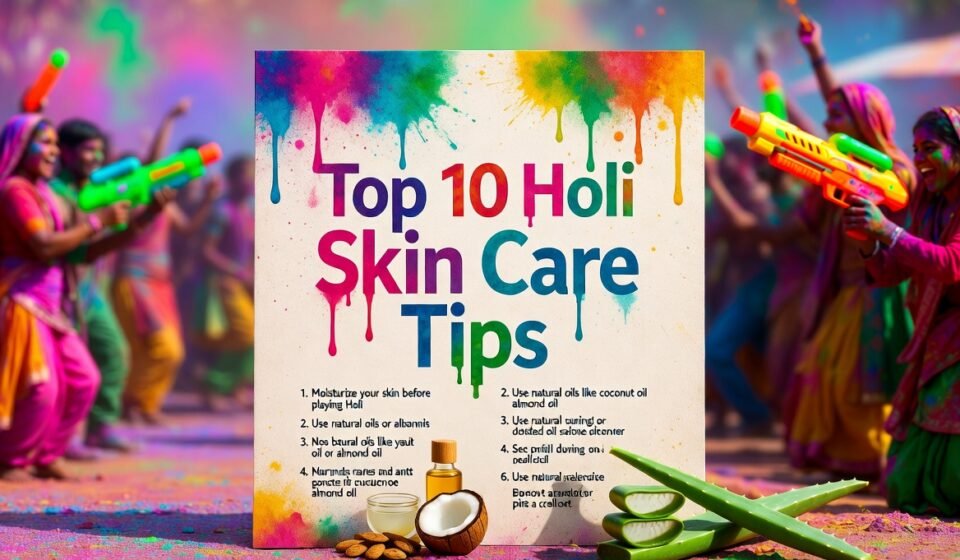 Top 10 Holi Skin Care Tips 2026 - Vibrant festival scene with natural oils, aloe vera, and colorful gulal for safe Holi celebration and glowing skin