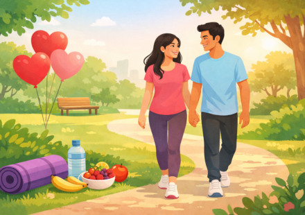 Valentine’s Day par healthy couple park mein walk karte hue – health tips in Hindi