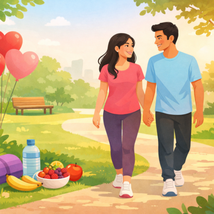 Valentine’s Day par healthy couple park mein walk karte hue – health tips in Hindi
