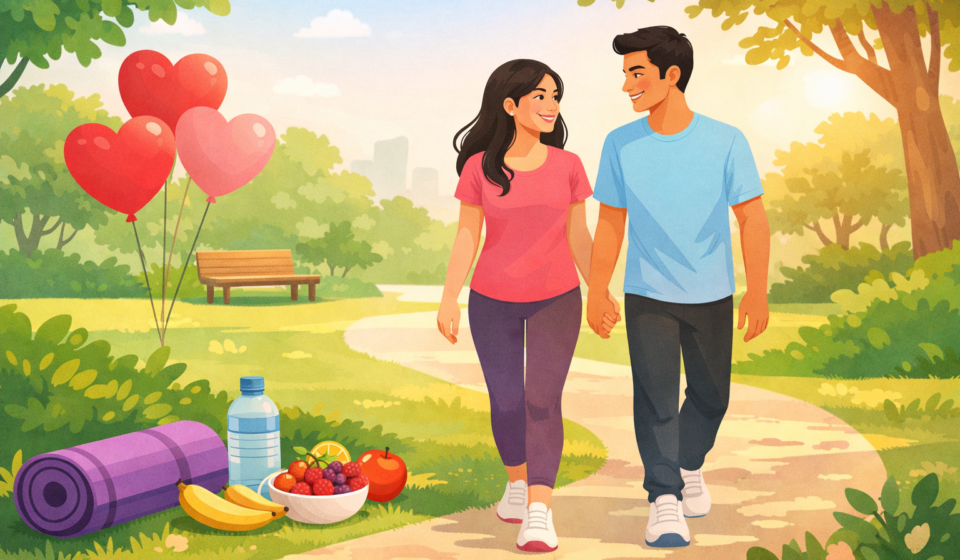 Valentine’s Day par healthy couple park mein walk karte hue – health tips in Hindi