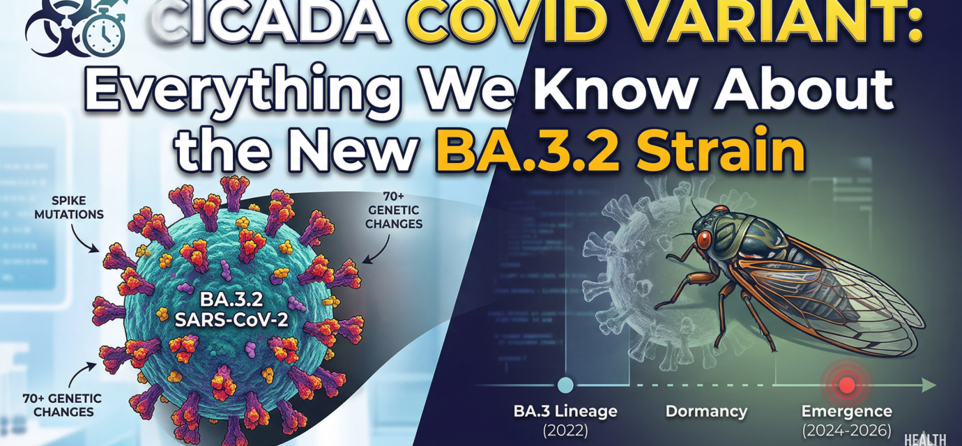 Infographic showing the Cicada COVID Variant BA.3.2 structure with 70 mutations and a cicada insect metaphor for its 2026 re-emergence.