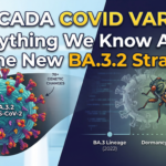 Infographic showing the Cicada COVID Variant BA.3.2 structure with 70 mutations and a cicada insect metaphor for its 2026 re-emergence.