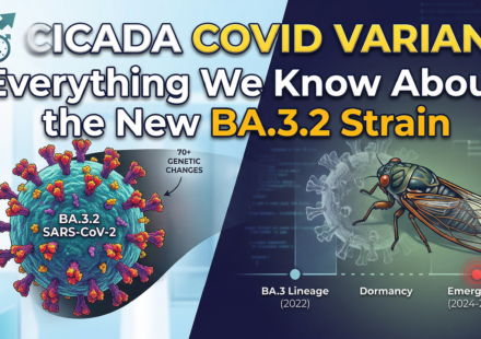 Infographic showing the Cicada COVID Variant BA.3.2 structure with 70 mutations and a cicada insect metaphor for its 2026 re-emergence.