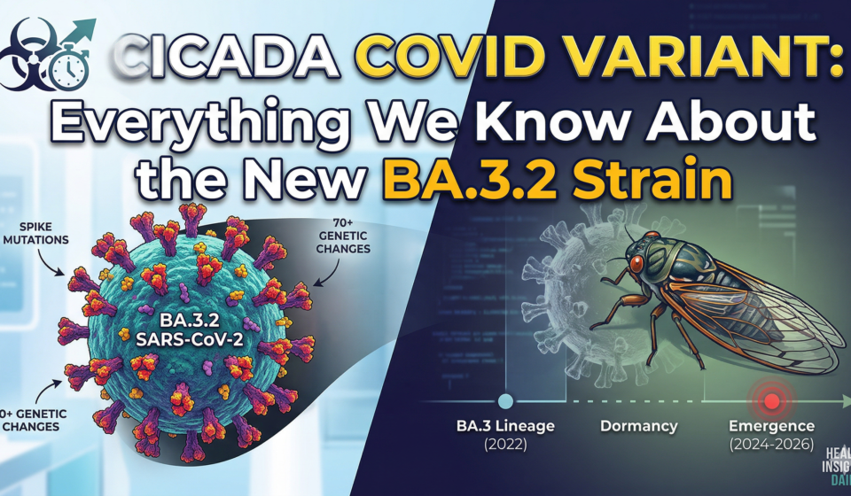 Infographic showing the Cicada COVID Variant BA.3.2 structure with 70 mutations and a cicada insect metaphor for its 2026 re-emergence.