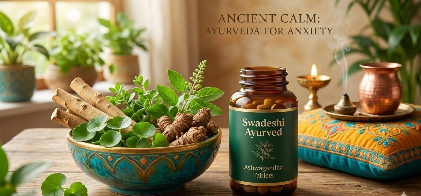 Bottle of Swadeshi Ayurved Ashwagandha Tablets next to a bowl of fresh Ayurvedic herbs like Brahmi and Tulsi for natural anxiety relief.