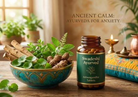 Bottle of Swadeshi Ayurved Ashwagandha Tablets next to a bowl of fresh Ayurvedic herbs like Brahmi and Tulsi for natural anxiety relief.