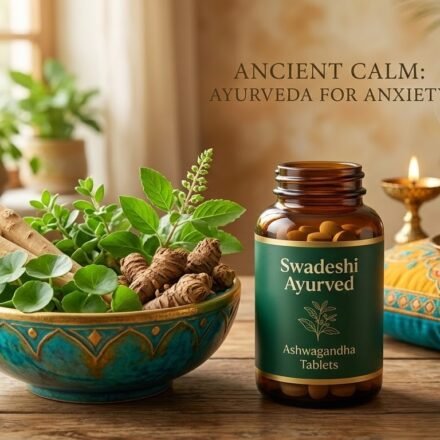 Bottle of Swadeshi Ayurved Ashwagandha Tablets next to a bowl of fresh Ayurvedic herbs like Brahmi and Tulsi for natural anxiety relief.