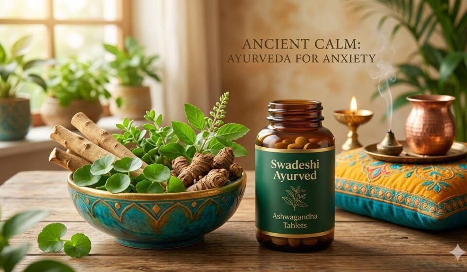 Bottle of Swadeshi Ayurved Ashwagandha Tablets next to a bowl of fresh Ayurvedic herbs like Brahmi and Tulsi for natural anxiety relief.
