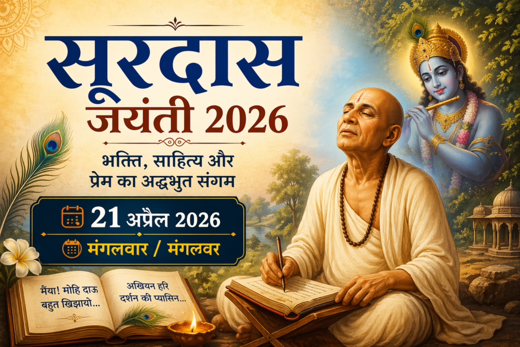 Surdas Jayanti 2026 devotional image with Saint Surdas and Lord Krishna, showing date 21 April 2026 Tuesday