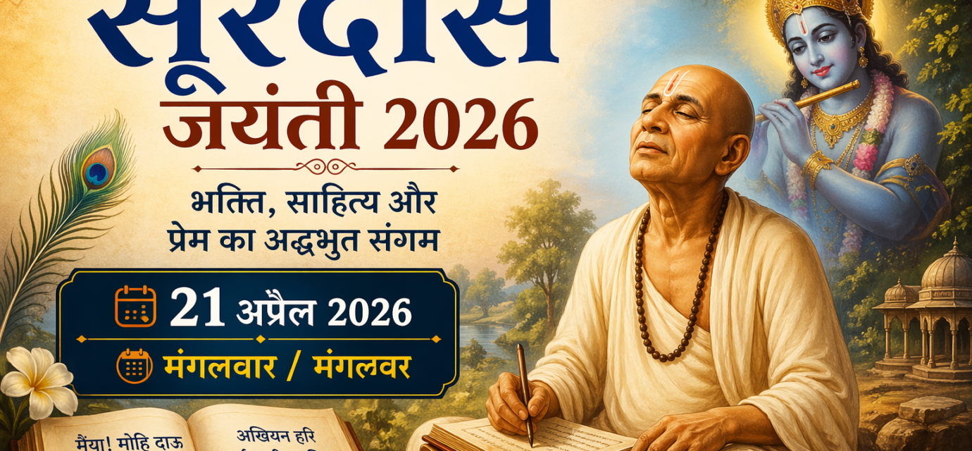 Surdas Jayanti 2026 devotional image with Saint Surdas and Lord Krishna, showing date 21 April 2026 Tuesday