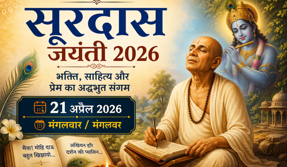 Surdas Jayanti 2026 devotional image with Saint Surdas and Lord Krishna, showing date 21 April 2026 Tuesday
