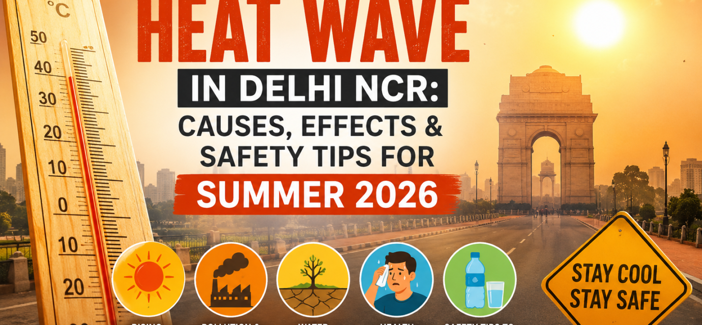 Heat wave in Delhi NCR Summer 2026 showing high temperature thermometer, India Gate, pollution, dehydration, and summer safety tips.
