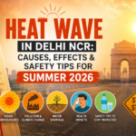 Heat wave in Delhi NCR Summer 2026 showing high temperature thermometer, India Gate, pollution, dehydration, and summer safety tips.
