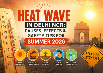 Heat wave in Delhi NCR Summer 2026 showing high temperature thermometer, India Gate, pollution, dehydration, and summer safety tips.