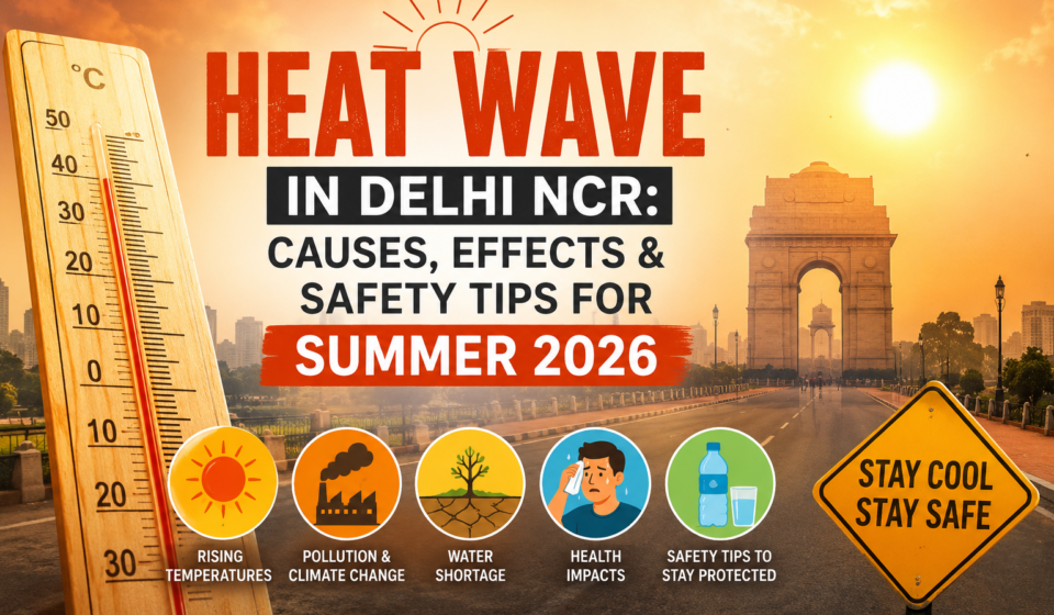 Heat wave in Delhi NCR Summer 2026 showing high temperature thermometer, India Gate, pollution, dehydration, and summer safety tips.