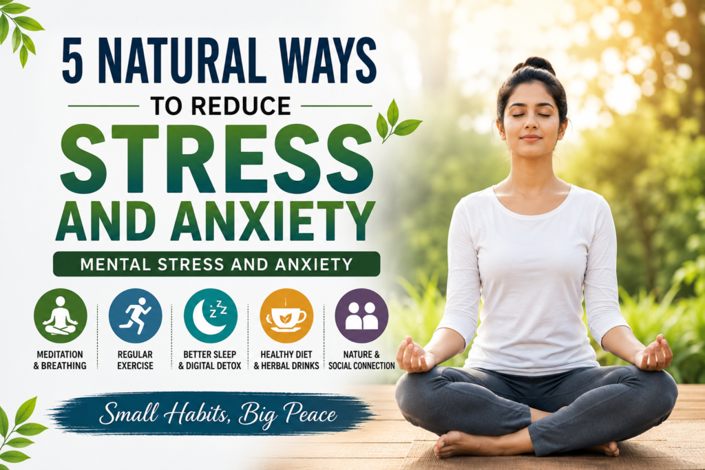 Woman meditating outdoors with text about 5 natural ways to reduce stress and anxiety including meditation, exercise, sleep, healthy diet, and social connection.