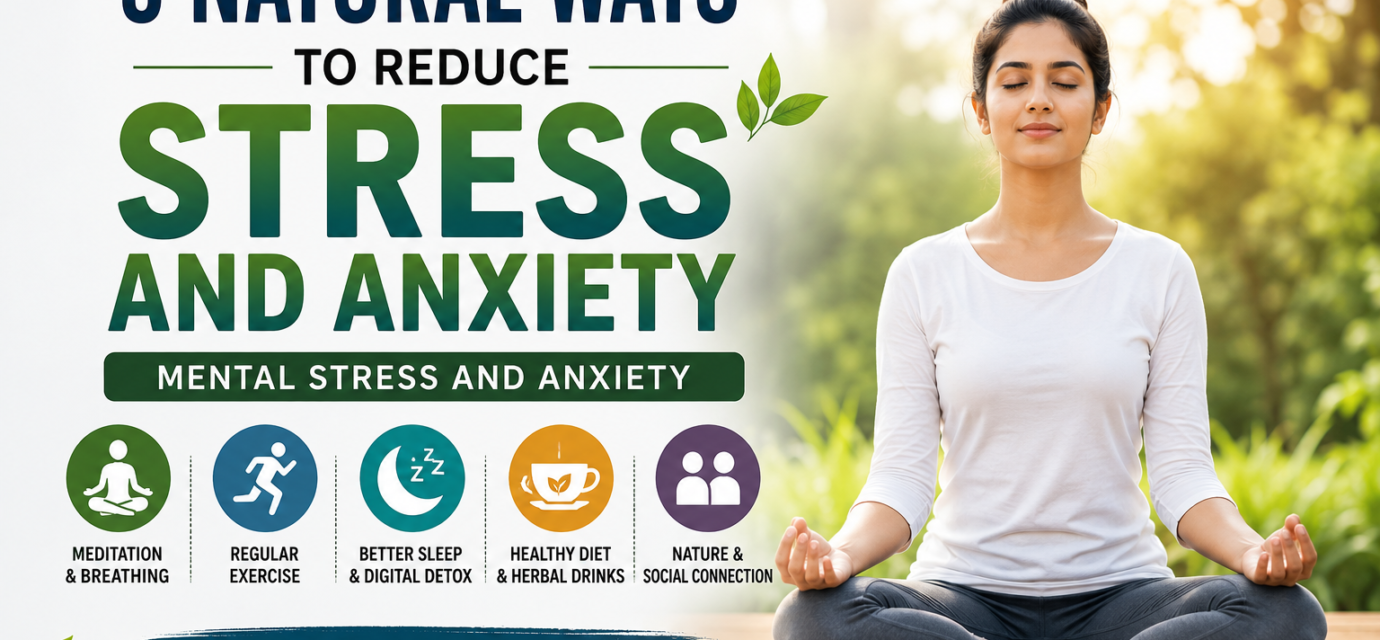 Woman meditating outdoors with text about 5 natural ways to reduce stress and anxiety including meditation, exercise, sleep, healthy diet, and social connection.