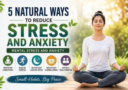 Woman meditating outdoors with text about 5 natural ways to reduce stress and anxiety including meditation, exercise, sleep, healthy diet, and social connection.