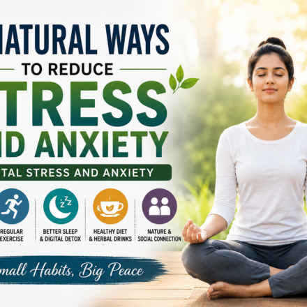 Woman meditating outdoors with text about 5 natural ways to reduce stress and anxiety including meditation, exercise, sleep, healthy diet, and social connection.