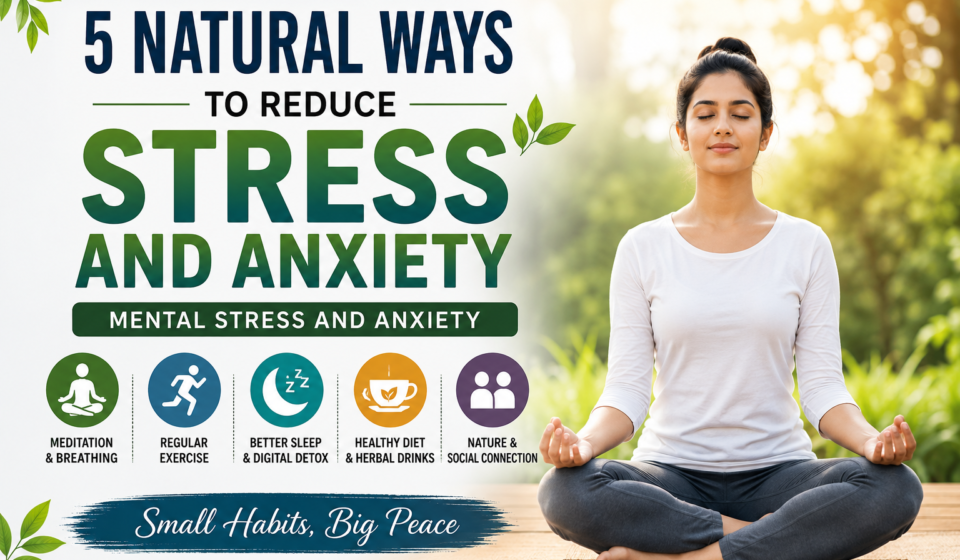 Woman meditating outdoors with text about 5 natural ways to reduce stress and anxiety including meditation, exercise, sleep, healthy diet, and social connection.