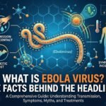 Infographic medical banner titled What is Ebola Virus? The Facts Behind the Headlines, displaying a filament-shaped ebolavirus structure, zoonotic fruit bat host icon, direct contact transmission graphic, and human symptom diagram over a dark blue background.