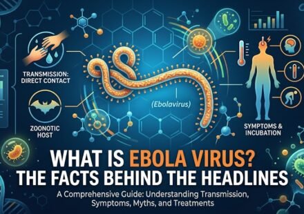 Infographic medical banner titled What is Ebola Virus? The Facts Behind the Headlines, displaying a filament-shaped ebolavirus structure, zoonotic fruit bat host icon, direct contact transmission graphic, and human symptom diagram over a dark blue background.