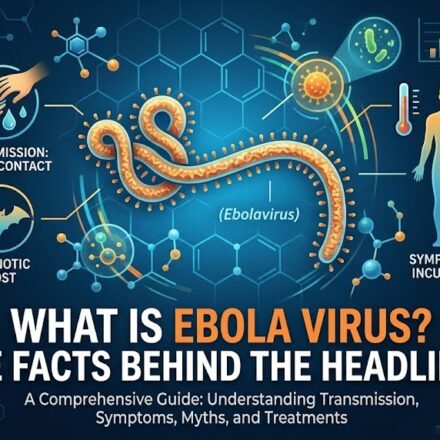 Infographic medical banner titled What is Ebola Virus? The Facts Behind the Headlines, displaying a filament-shaped ebolavirus structure, zoonotic fruit bat host icon, direct contact transmission graphic, and human symptom diagram over a dark blue background.