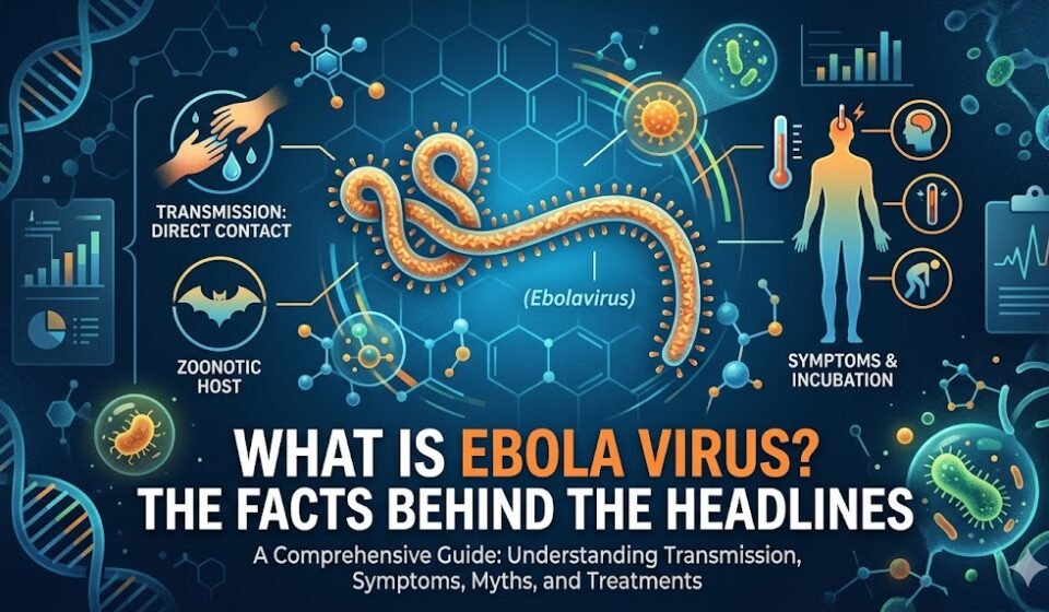 Infographic medical banner titled What is Ebola Virus? The Facts Behind the Headlines, displaying a filament-shaped ebolavirus structure, zoonotic fruit bat host icon, direct contact transmission graphic, and human symptom diagram over a dark blue background.