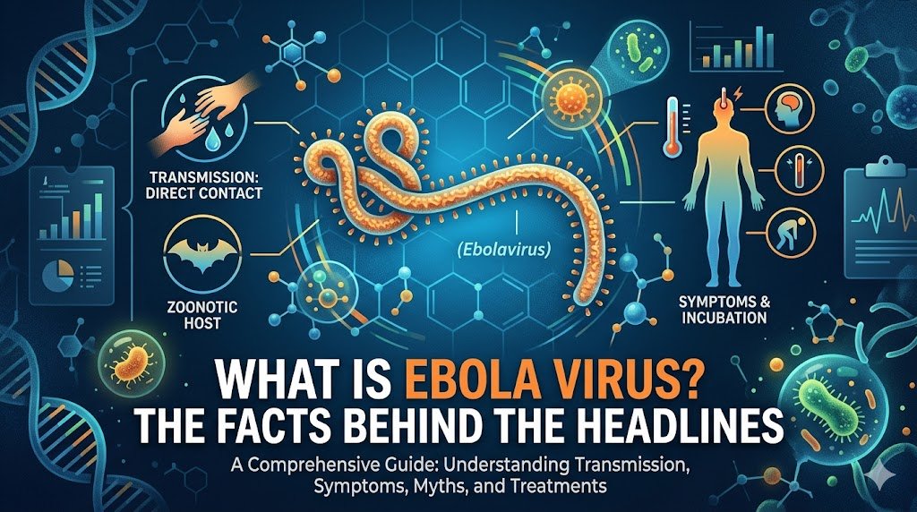 Infographic medical banner titled What is Ebola Virus? The Facts Behind the Headlines, displaying a filament-shaped ebolavirus structure, zoonotic fruit bat host icon, direct contact transmission graphic, and human symptom diagram over a dark blue background.