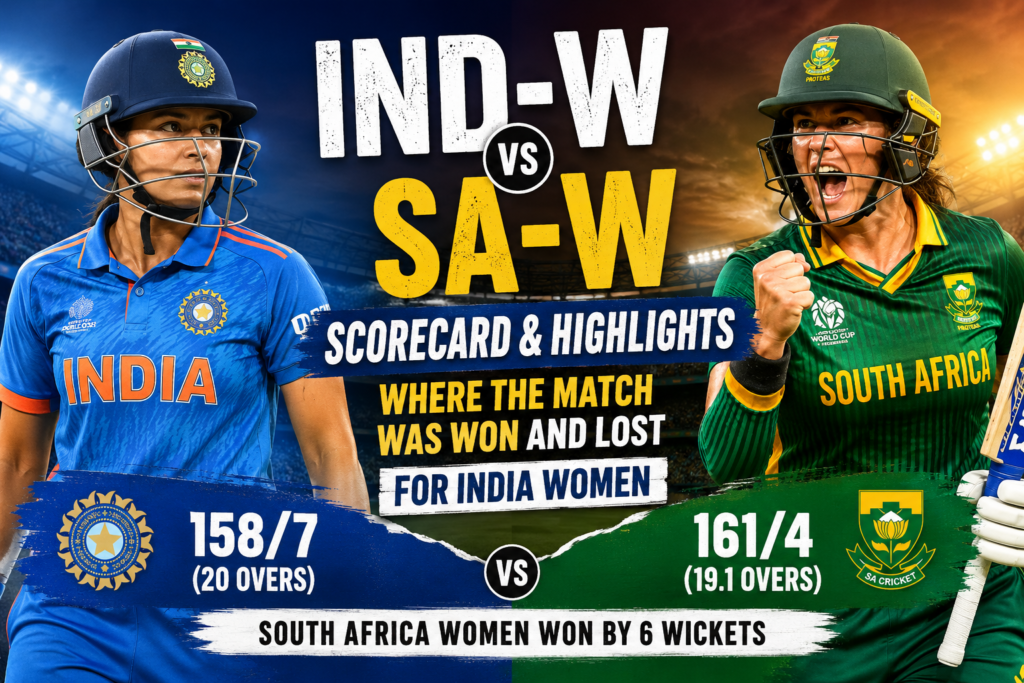 India Women and South Africa Women cricketers featured in a match highlights graphic showing the final scorecard, with South Africa Women defeating India Women by 6 wickets in the ICC Women’s T20 World Cup 2026.