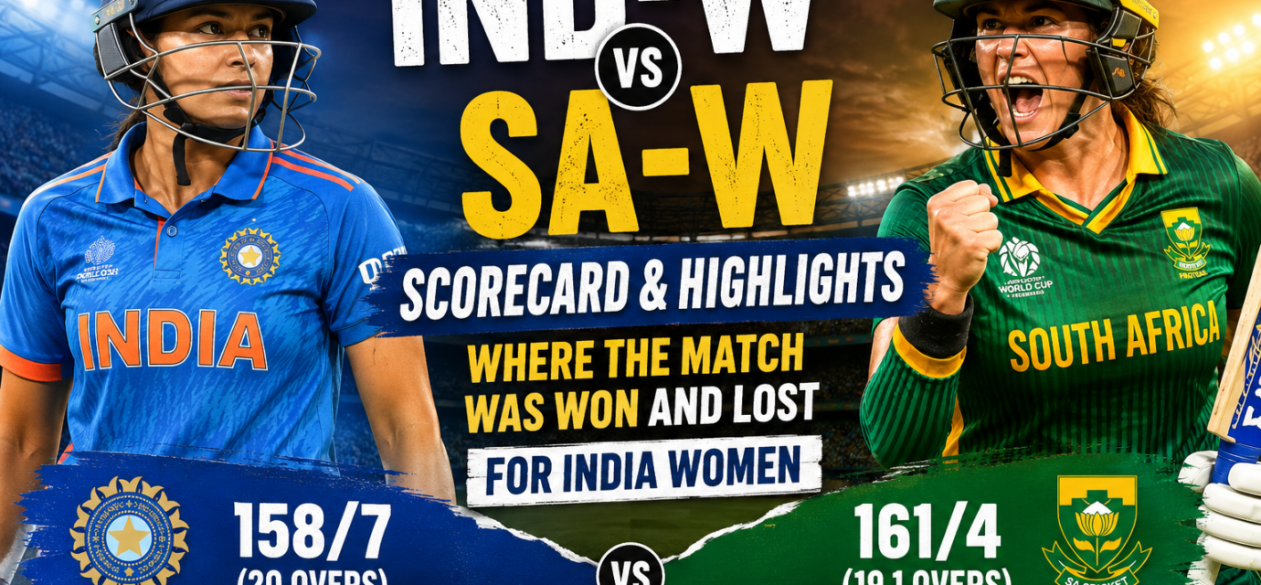 India Women and South Africa Women cricketers featured in a match highlights graphic showing the final scorecard, with South Africa Women defeating India Women by 6 wickets in the ICC Women’s T20 World Cup 2026.