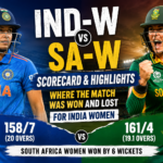 India Women and South Africa Women cricketers featured in a match highlights graphic showing the final scorecard, with South Africa Women defeating India Women by 6 wickets in the ICC Women’s T20 World Cup 2026.