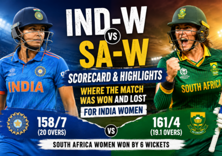 India Women and South Africa Women cricketers featured in a match highlights graphic showing the final scorecard, with South Africa Women defeating India Women by 6 wickets in the ICC Women’s T20 World Cup 2026.