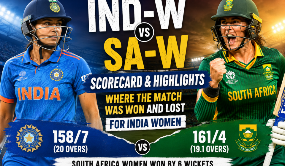India Women and South Africa Women cricketers featured in a match highlights graphic showing the final scorecard, with South Africa Women defeating India Women by 6 wickets in the ICC Women’s T20 World Cup 2026.