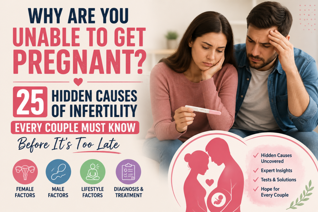 Couple struggling with infertility while holding a pregnancy test, highlighting 25 hidden causes of infertility and fertility challenges.