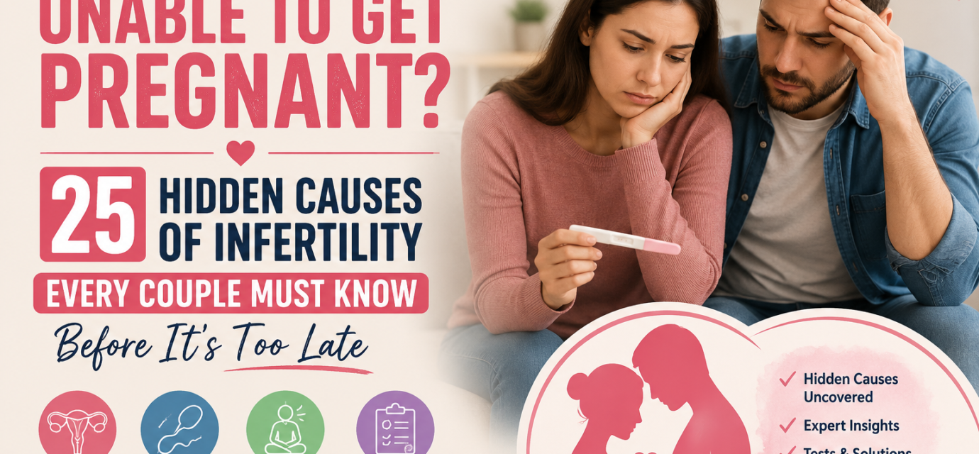 Couple struggling with infertility while holding a pregnancy test, highlighting 25 hidden causes of infertility and fertility challenges.