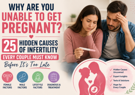 Couple struggling with infertility while holding a pregnancy test, highlighting 25 hidden causes of infertility and fertility challenges.