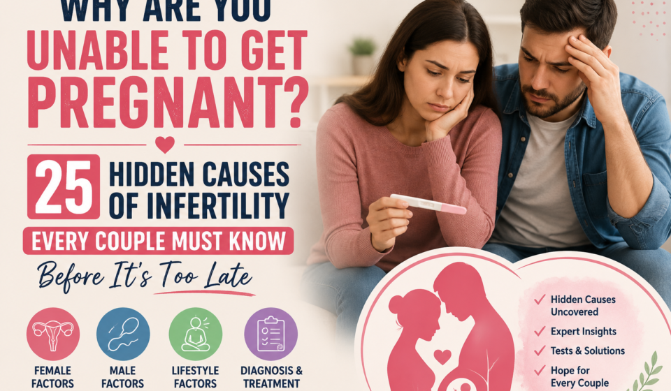 Couple struggling with infertility while holding a pregnancy test, highlighting 25 hidden causes of infertility and fertility challenges.